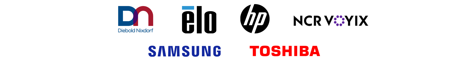 Our Technology Partner logos: Diebold Nixdorf, Elo, HP, NCR VOYIX, Samsung, Toshiba
